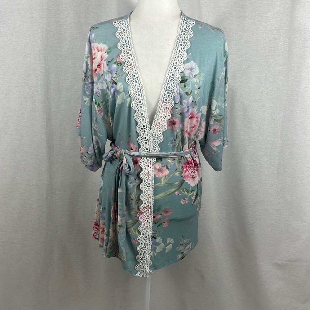 Flora Nikrooz Blue Pink Floral Lace Trim Bridal Kimono Robe Womens Size S
